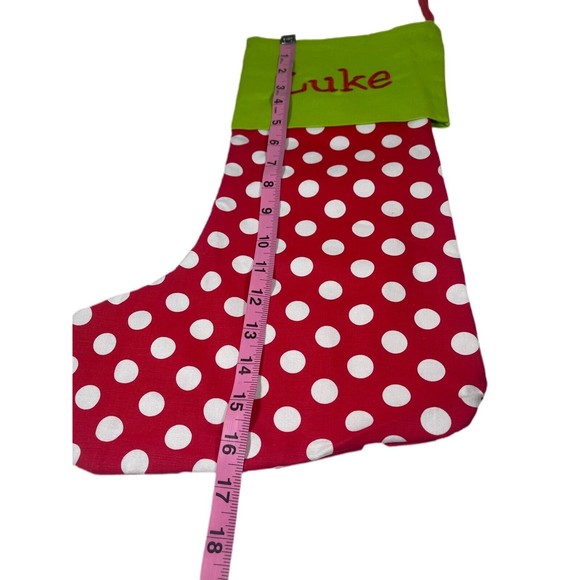 NWOT RED AND WHITE POKA DOT CHRISTMAS STOCKING WITH THE NAME “LUKE”EMBROIDERED - Picture 3 of 3